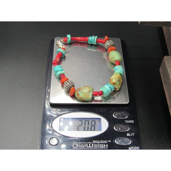 8 Inch Sterling Silver Red Shell And Turquoise Stones Bracelet - Picture 6 of 6